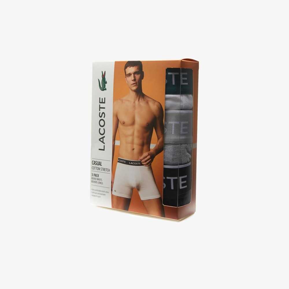 Lacoste Long Stretch Algodon Boxer Brief 3-Pack Negras Blancas Gris | 8130-CPDMK