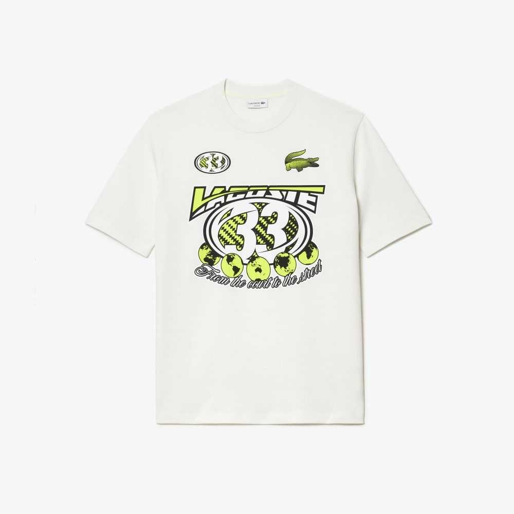 Lacoste Loose Fit Algodon Jersey Print Blancas | 7380-GPBCJ