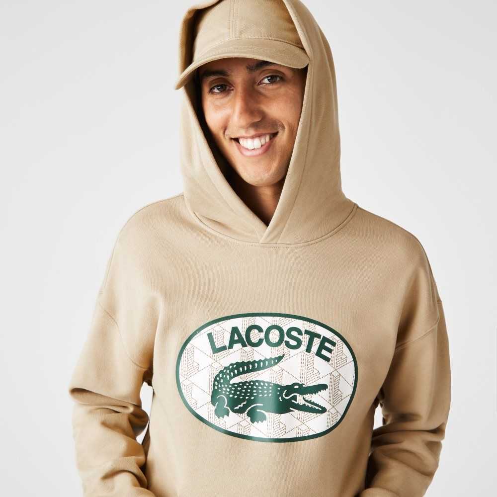 Lacoste Loose Fit Branded Monogram Encapuchado Beige | 8396-ANCJG