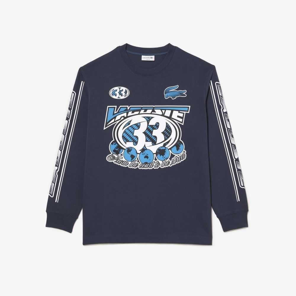 Lacoste Loose Fit Long Sleeve Printed Azules | 7648-JGLFV