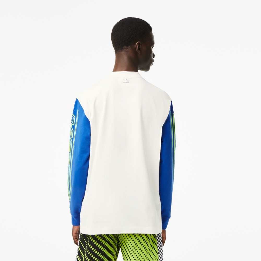 Lacoste Loose Fit Long Sleeve Printed Blancas Azules | 5781-KIZNL