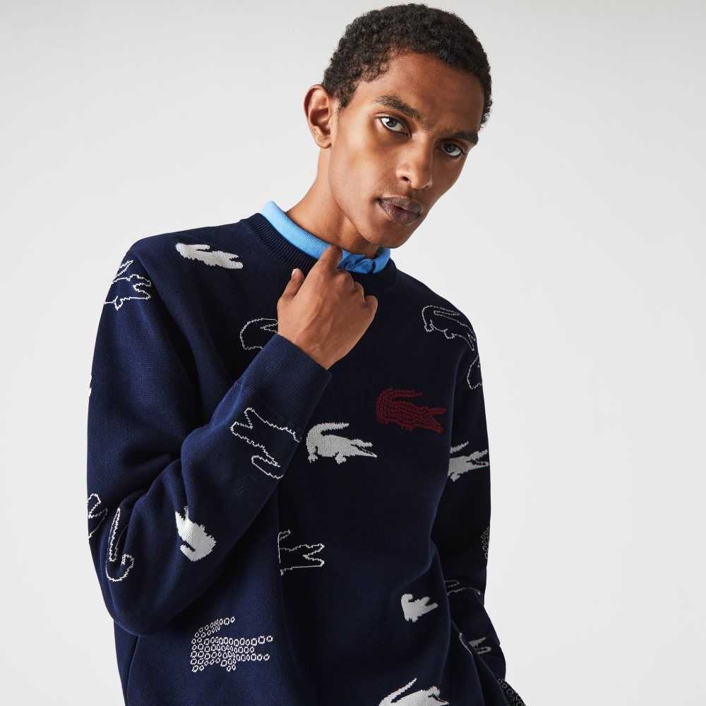 Lacoste Made In France Crew Neck Organic Algodon Jacquard Azul Marino Azules Blancas | 5130-HAXBN