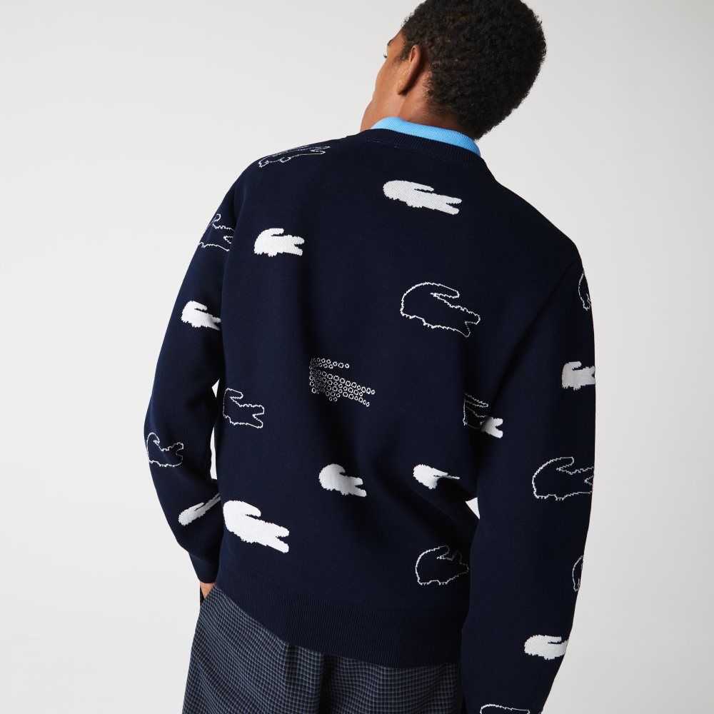 Lacoste Made In France Crew Neck Organic Algodon Jacquard Azul Marino Azules Blancas | 5130-HAXBN