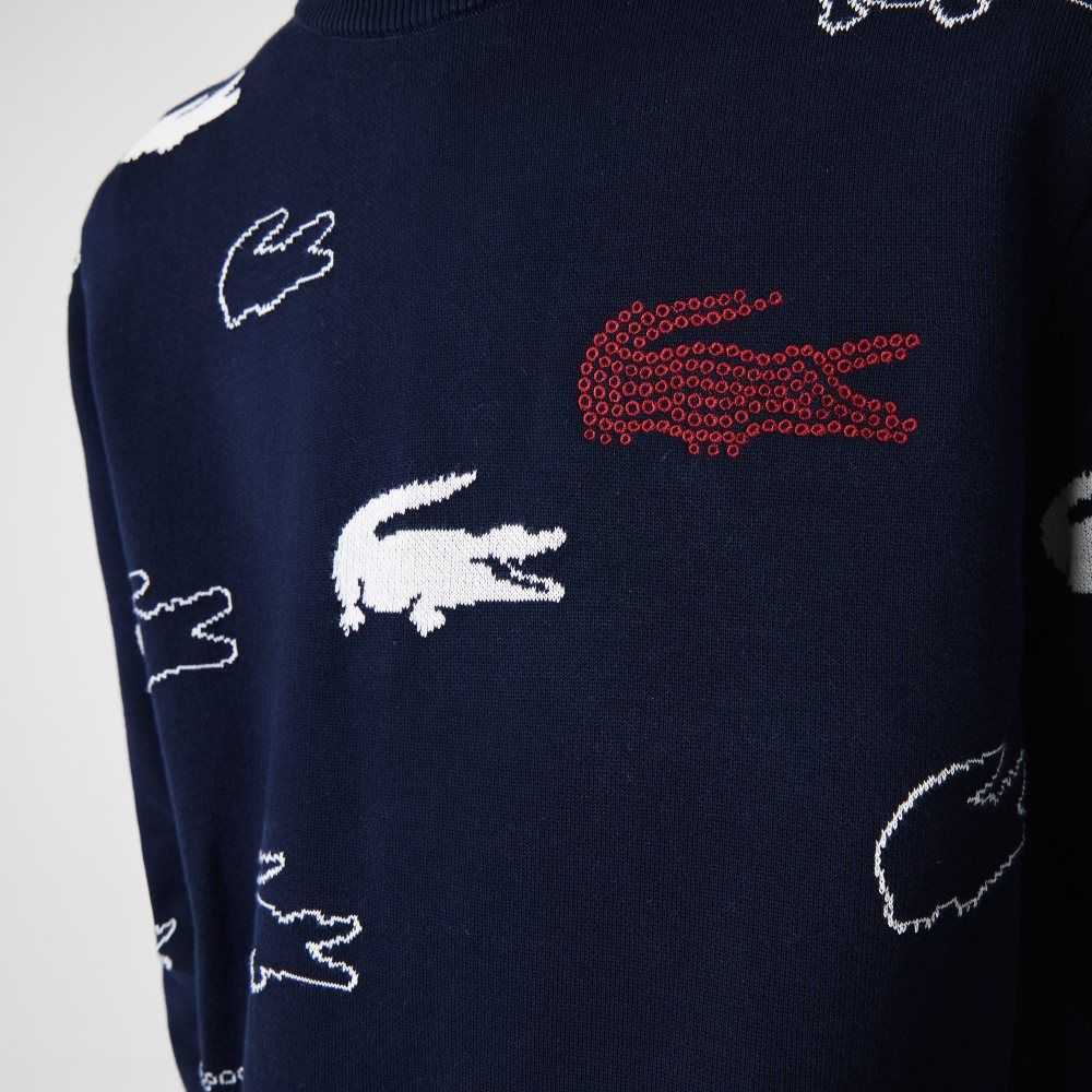 Lacoste Made In France Crew Neck Organic Algodon Jacquard Azul Marino Azules Blancas | 5130-HAXBN