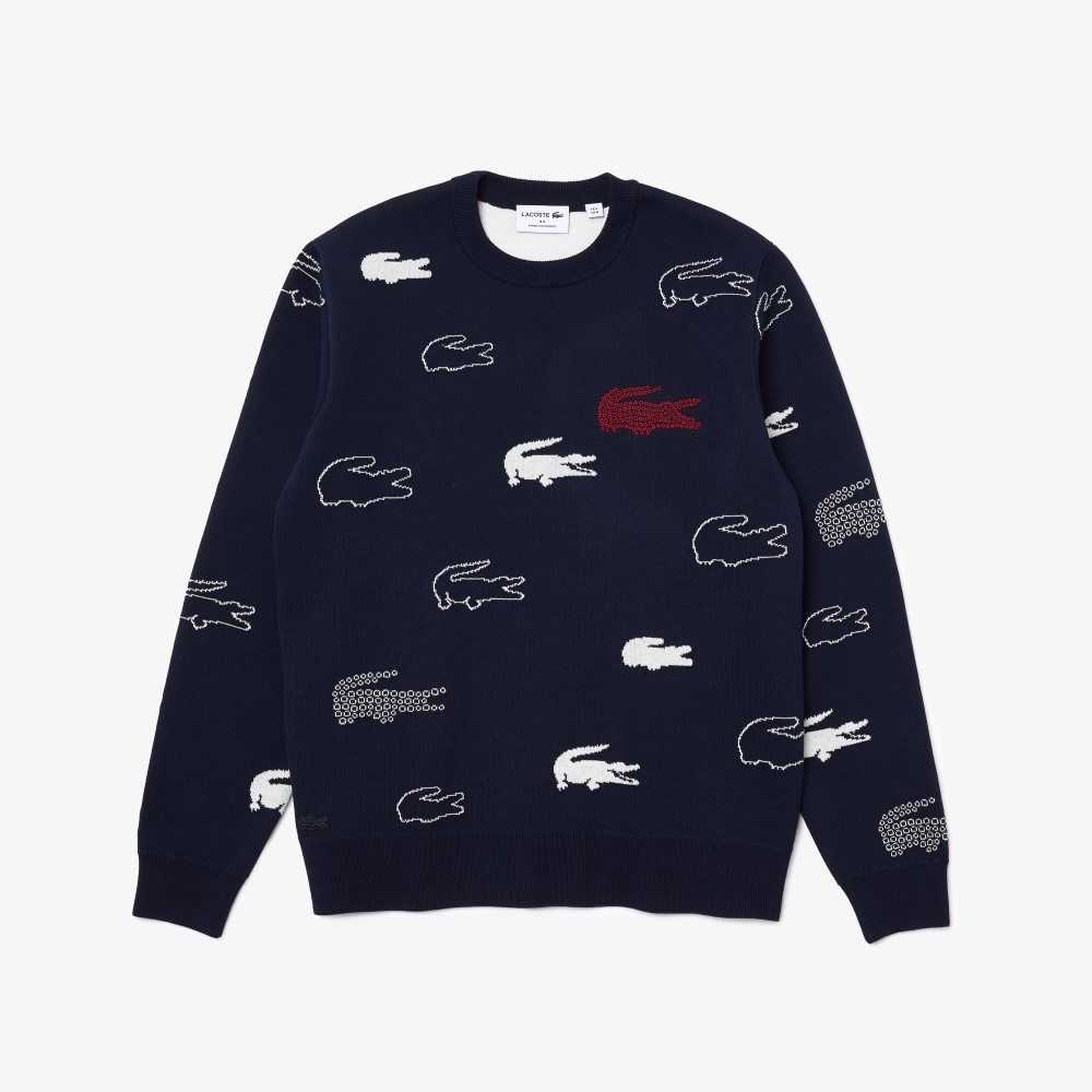 Lacoste Made In France Crew Neck Organic Algodon Jacquard Azul Marino Azules Blancas | 5130-HAXBN