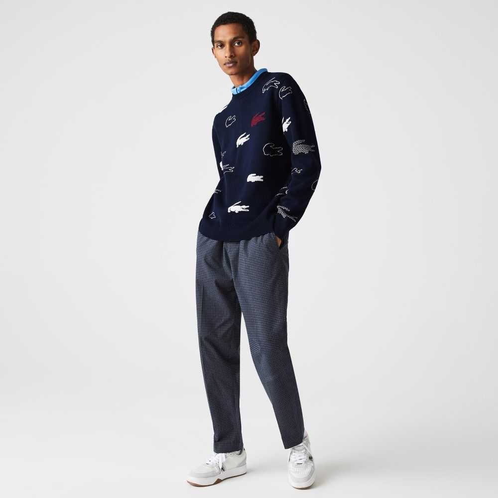 Lacoste Made In France Crew Neck Organic Algodon Jacquard Azul Marino Azules Blancas | 5130-HAXBN