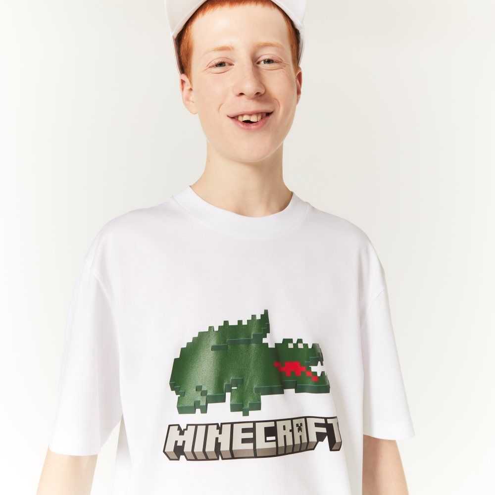 Lacoste Minecraft Print Organic Algodon T-Shirt Blancas | 5286-UEQCK