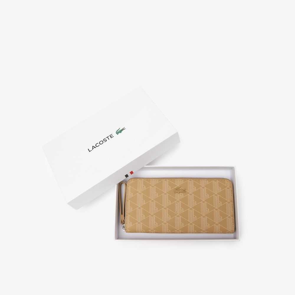 Lacoste Monogram Print Zip Wallet Beige | 4930-DJOSB