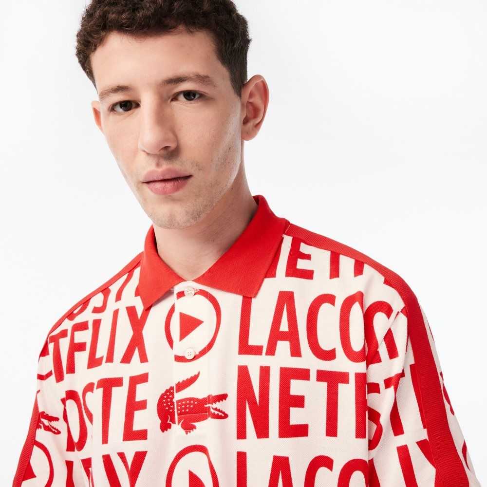 Lacoste Netflix Loose Fit Organic Algodon Print Blancas Rojas | 0319-EQJUW