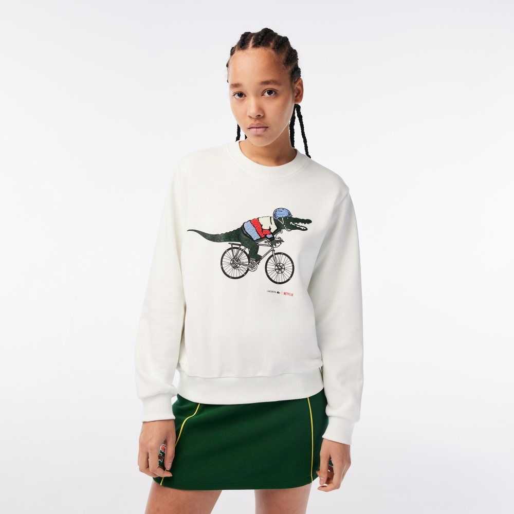 Lacoste Netflix Loose Fit Organic Algodon Fleece Blancas | 5302-RDCNQ