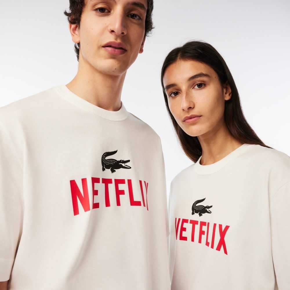 Lacoste Netflix Loose Fit Organic Algodon Blancas | 7382-GYQVR