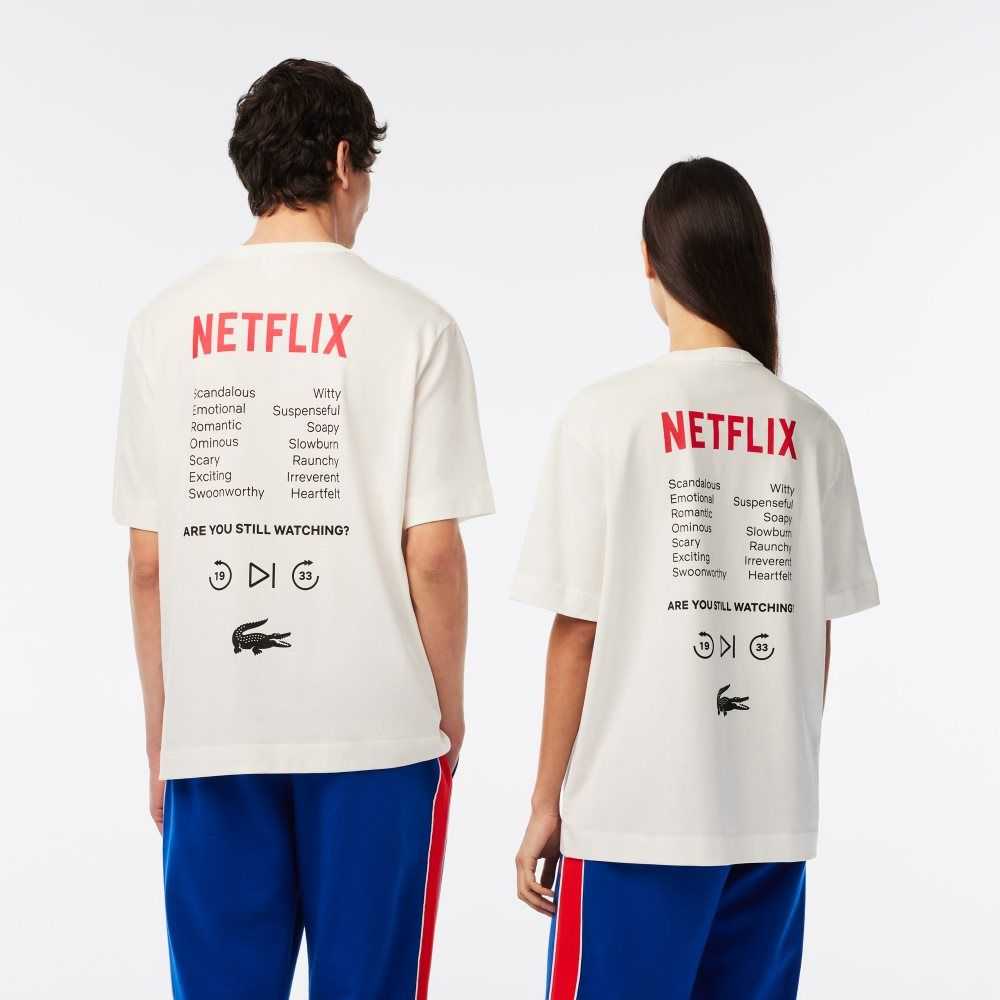 Lacoste Netflix Loose Fit Organic Algodon T-Shirt Blancas | 9105-RWJIN