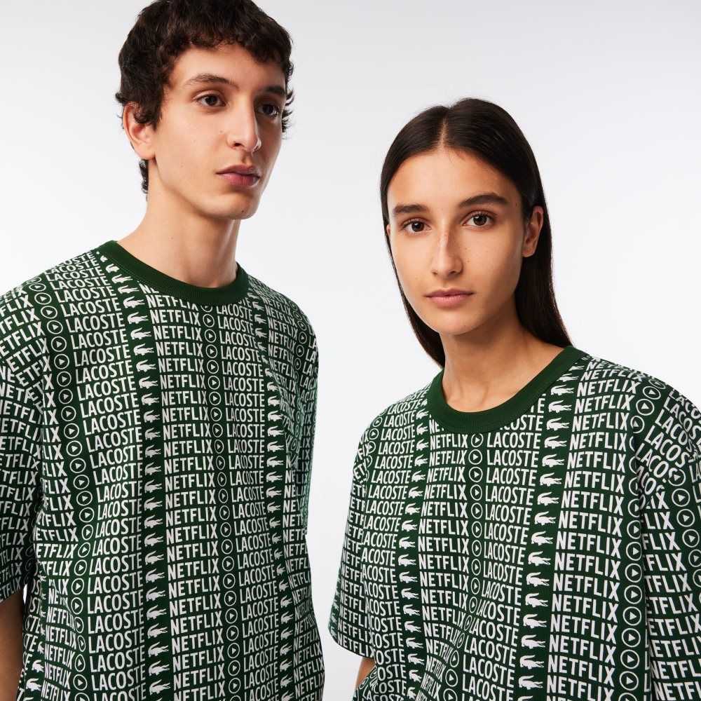 Lacoste Netflix Loose Fit Printed Verde Blancas | 8523-XHVOG