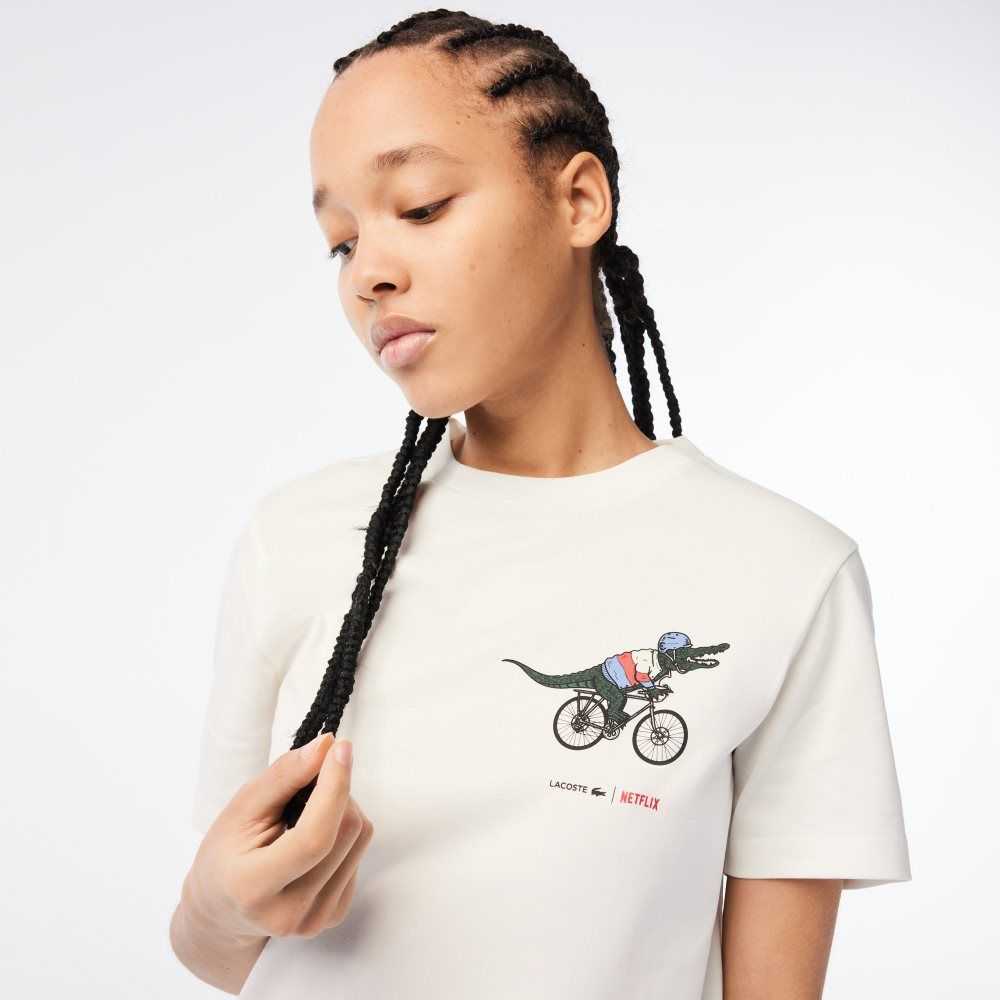 Lacoste Netflix Organic Algodon Jersey T-Shirt Blancas | 0451-VIWZP