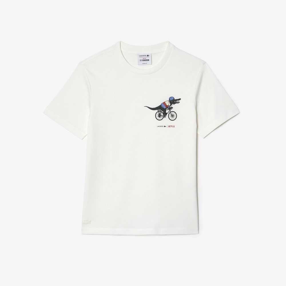 Lacoste Netflix Organic Algodon Jersey T-Shirt Blancas | 0451-VIWZP