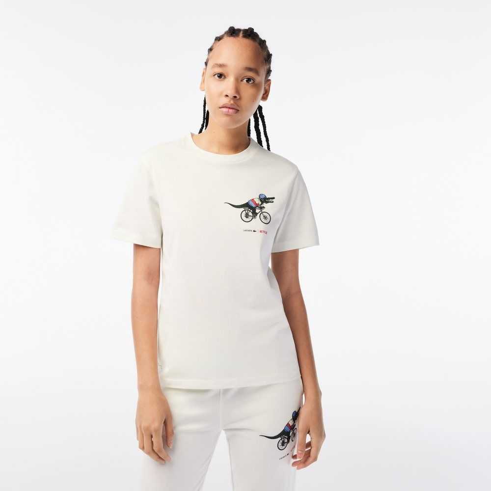 Lacoste Netflix Organic Algodon Jersey T-Shirt Blancas | 0451-VIWZP