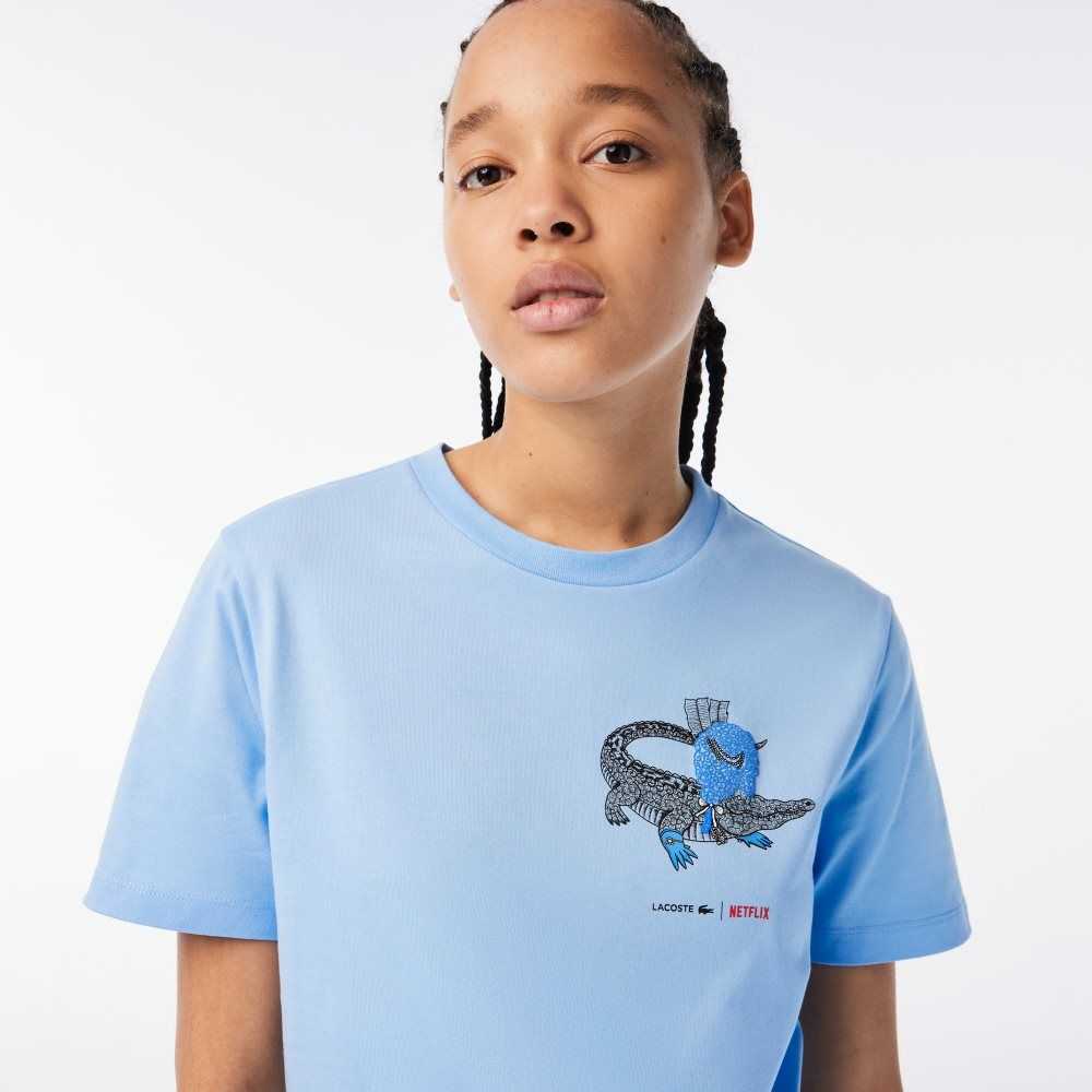 Lacoste Netflix Organic Algodon Jersey T-Shirt Azules | 4128-THMVE