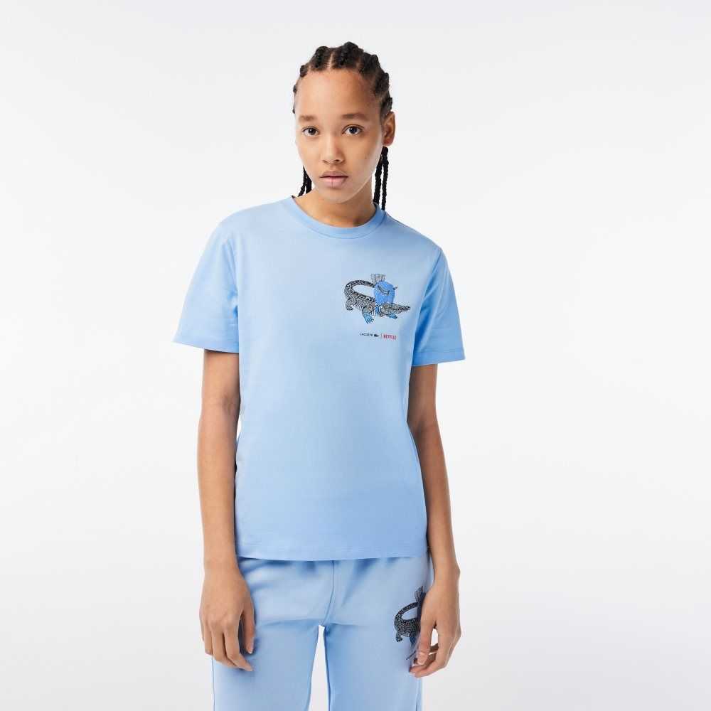 Lacoste Netflix Organic Algodon Jersey T-Shirt Azules | 4128-THMVE