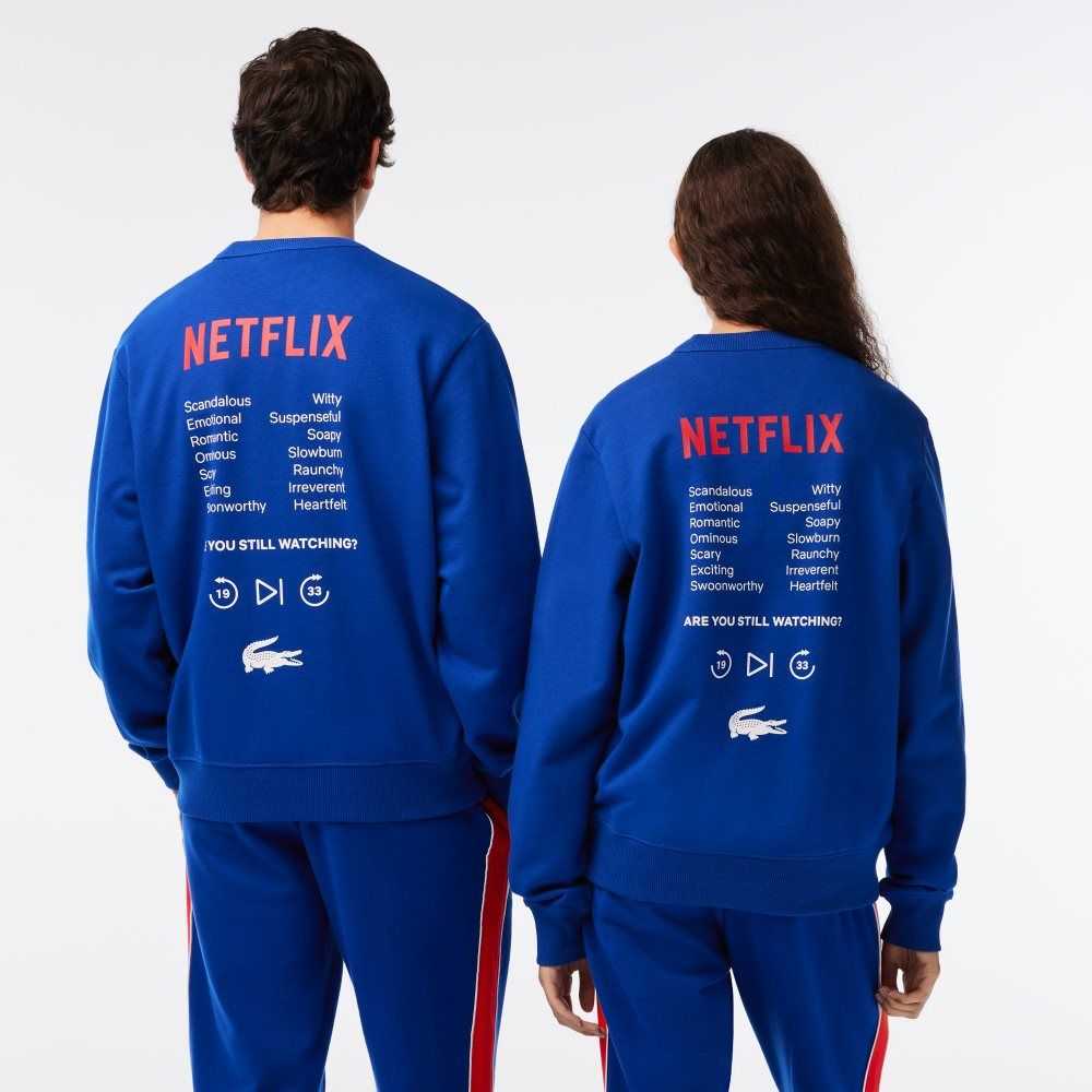 Lacoste Netflix Round Neck Print Back Azules | 8527-ASZYI