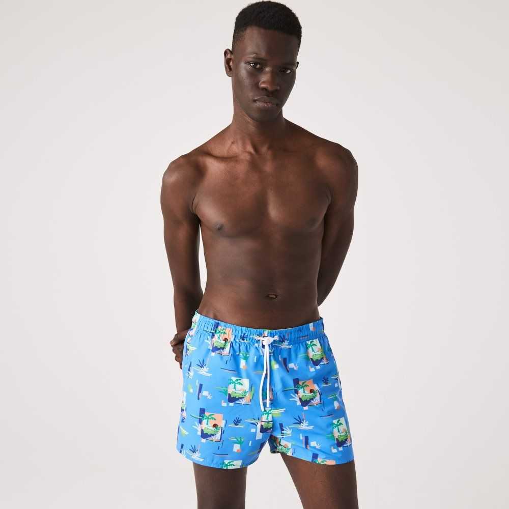 Lacoste Printed Built-In Mesh Boxer Azules Blancas | 8965-XWCOD