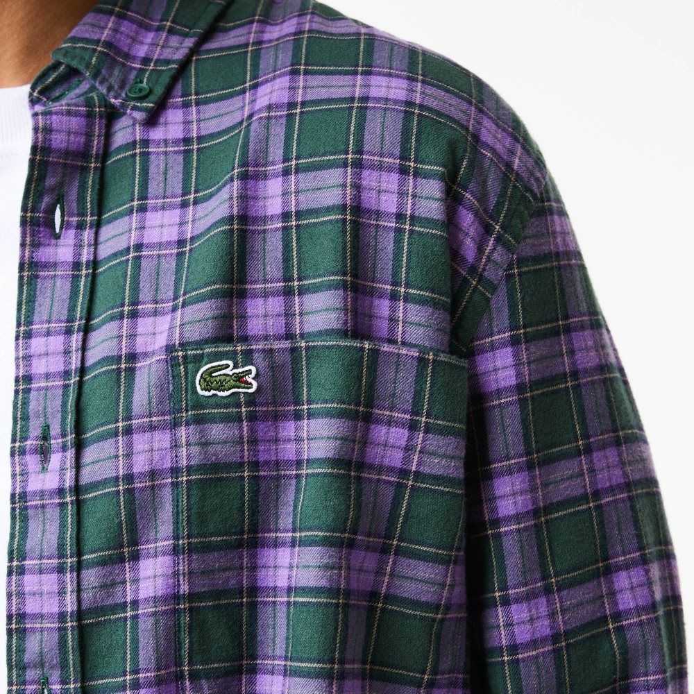 Lacoste Regular Fit Check Print Flannel Verde Moradas Beige | 5179-MASZC