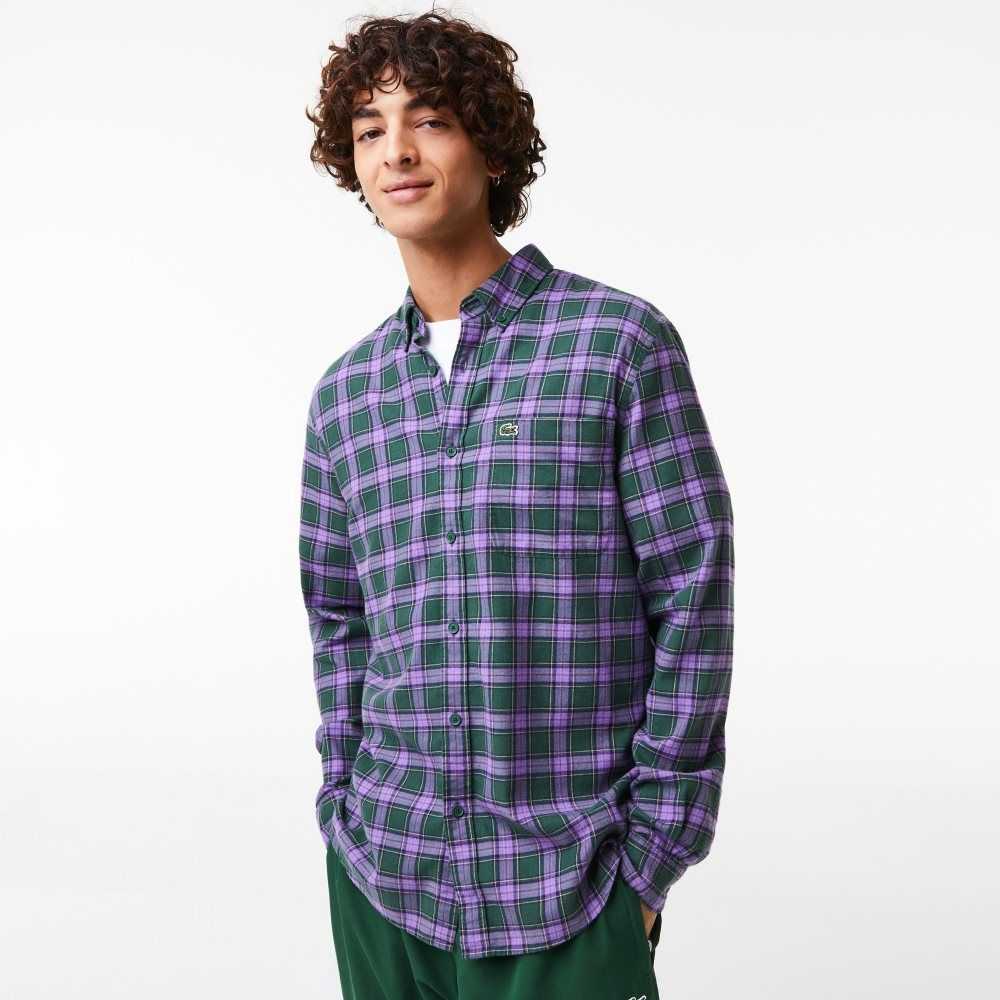 Lacoste Regular Fit Check Print Flannel Verde Moradas Beige | 5179-MASZC