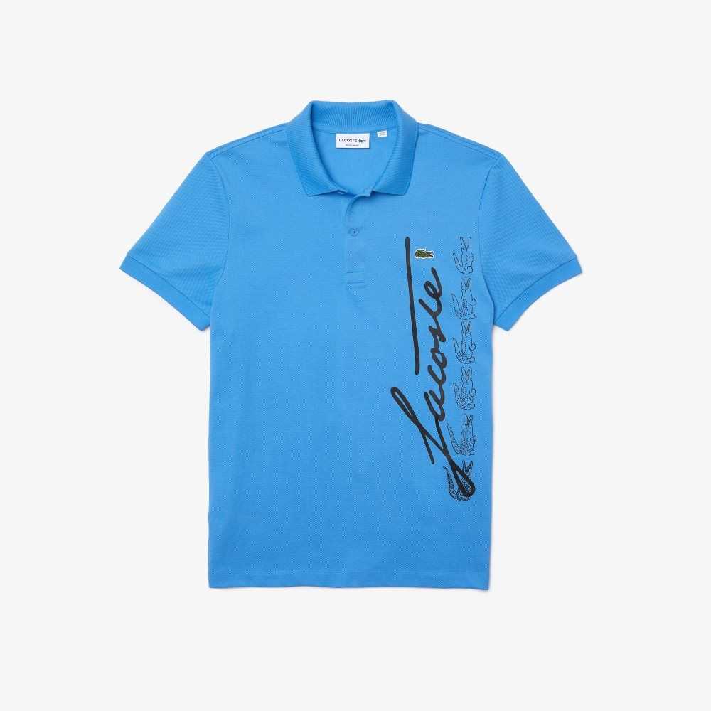 Lacoste Regular Fit Signature Algodon Pique Azules | 5021-USXGK