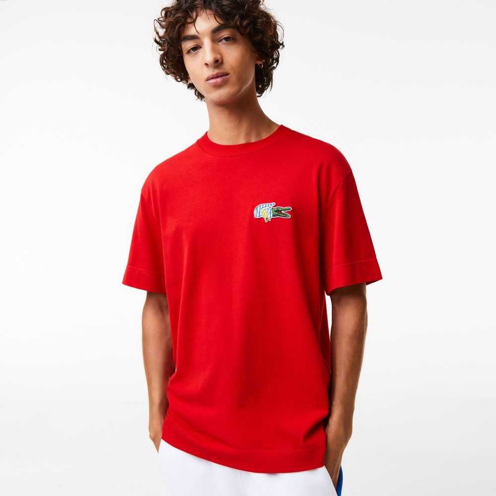 Lacoste Relaxed Fit Comic Effect Badge Rojas | 7950-IUNTB