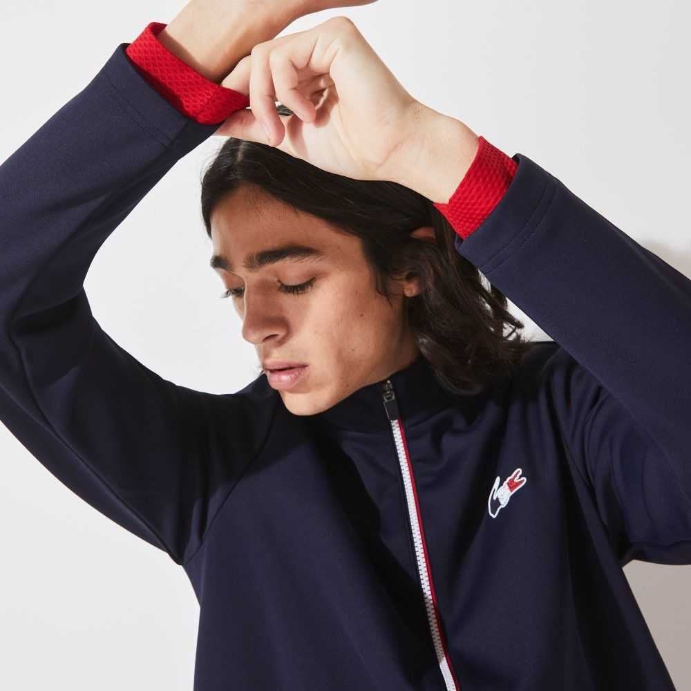 Lacoste SPORT French Sporting Spirit Edition Bi-Material Zippered Jacket Azul Marino Azules Blancas Rojas | 1793-QUPTF