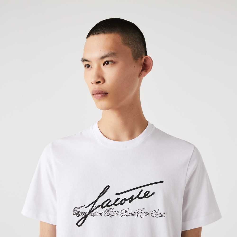 Lacoste Signature And Crocodile Print Crew Neck Algodon Blancas | 8259-JNKYD