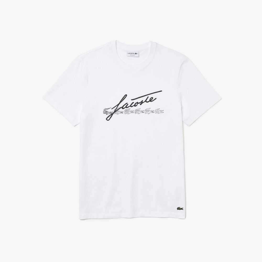 Lacoste Signature And Crocodile Print Crew Neck Algodon Blancas | 8259-JNKYD