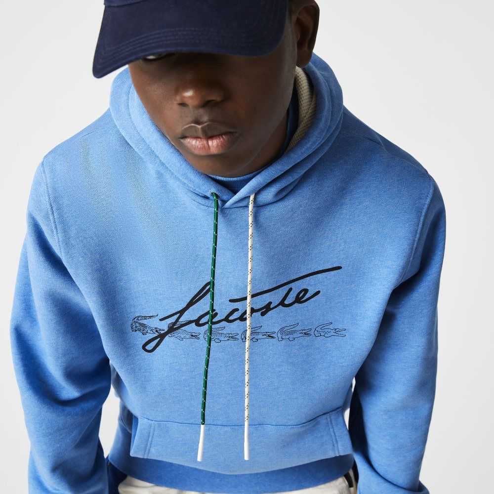 Lacoste Signature Flecked Algodon Fleece Hoodie Azules | 9573-SHJRP