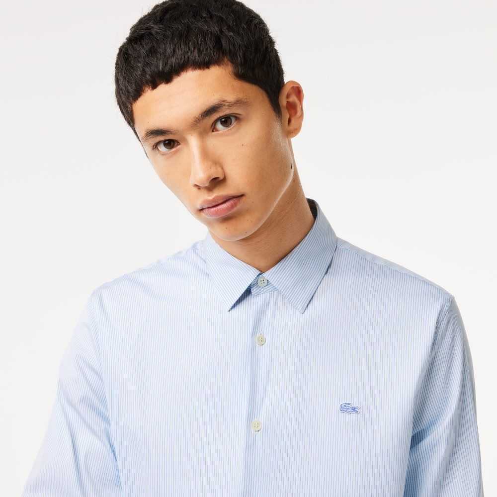 Lacoste Slim Fit Check Stretch Poplin Blancas Azules | 7523-DGEFK