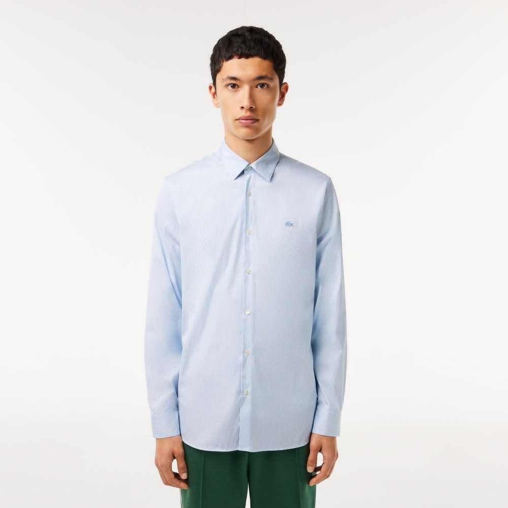 Lacoste Slim Fit Check Stretch Poplin Blancas Azules | 7523-DGEFK