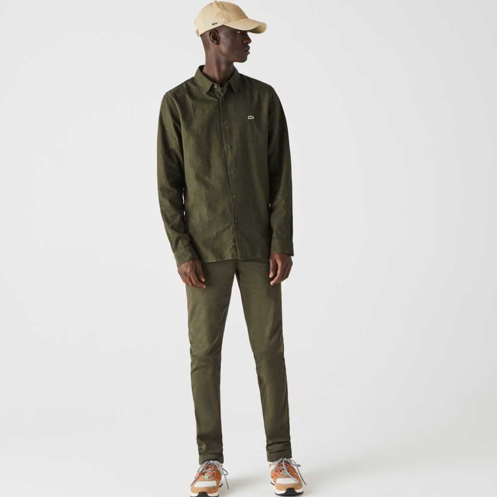 Lacoste Slim Fit Flamed Algodon Kaki Verde Blancas | 8275-MQNIT