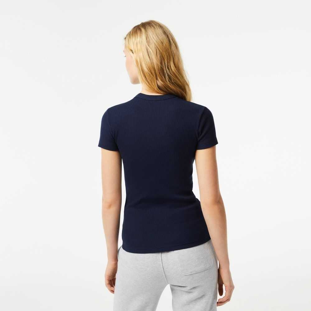 Lacoste Slim Fit Organic Algodon T-Shirt Azul Marino Azules | 9537-DFHPB