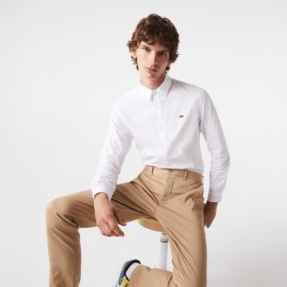 Lacoste Slim Fit Stretch Algodon Poplin Blancas | 5263-FMKSQ