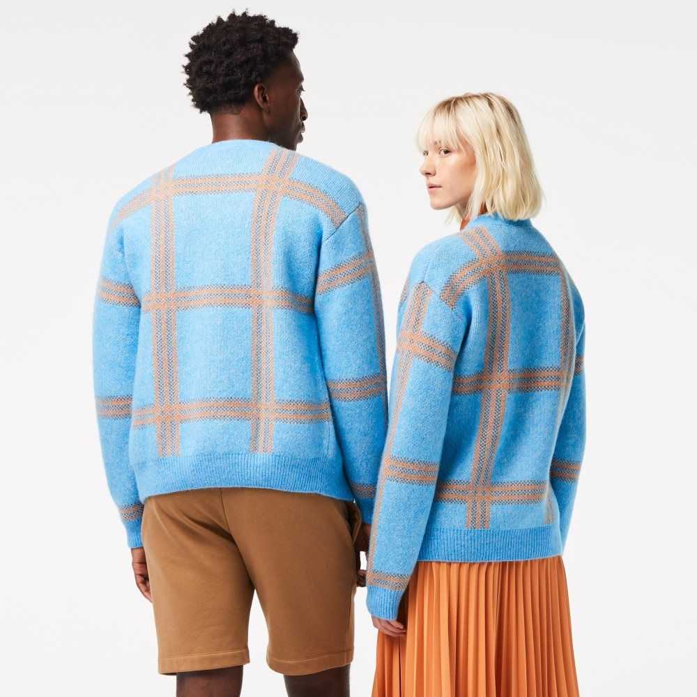 Lacoste Tartan Pattern Lana Cardigan Azules Naranjas Marrones | 9802-HQVKL