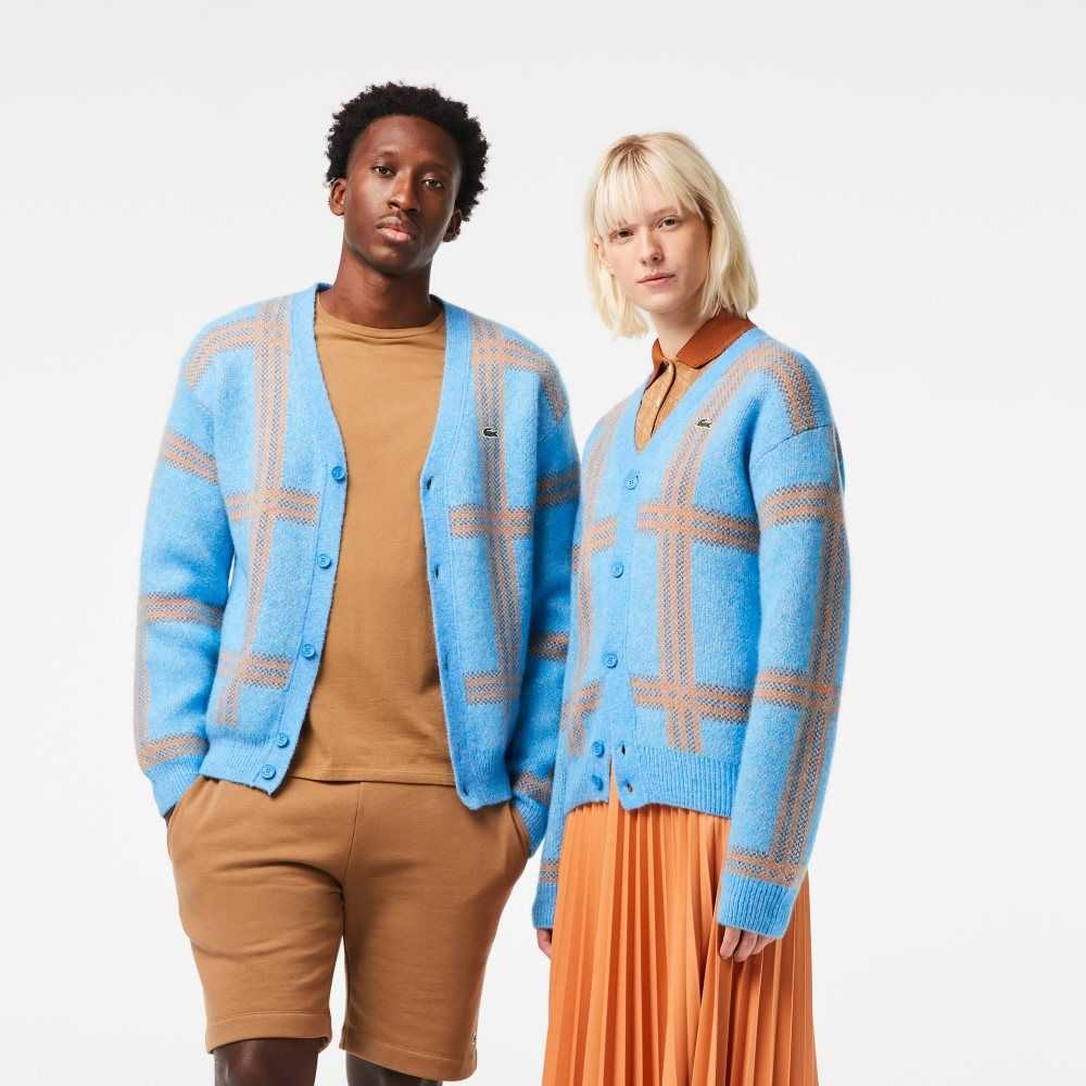 Lacoste Tartan Pattern Lana Cardigan Azules Naranjas Marrones | 9802-HQVKL