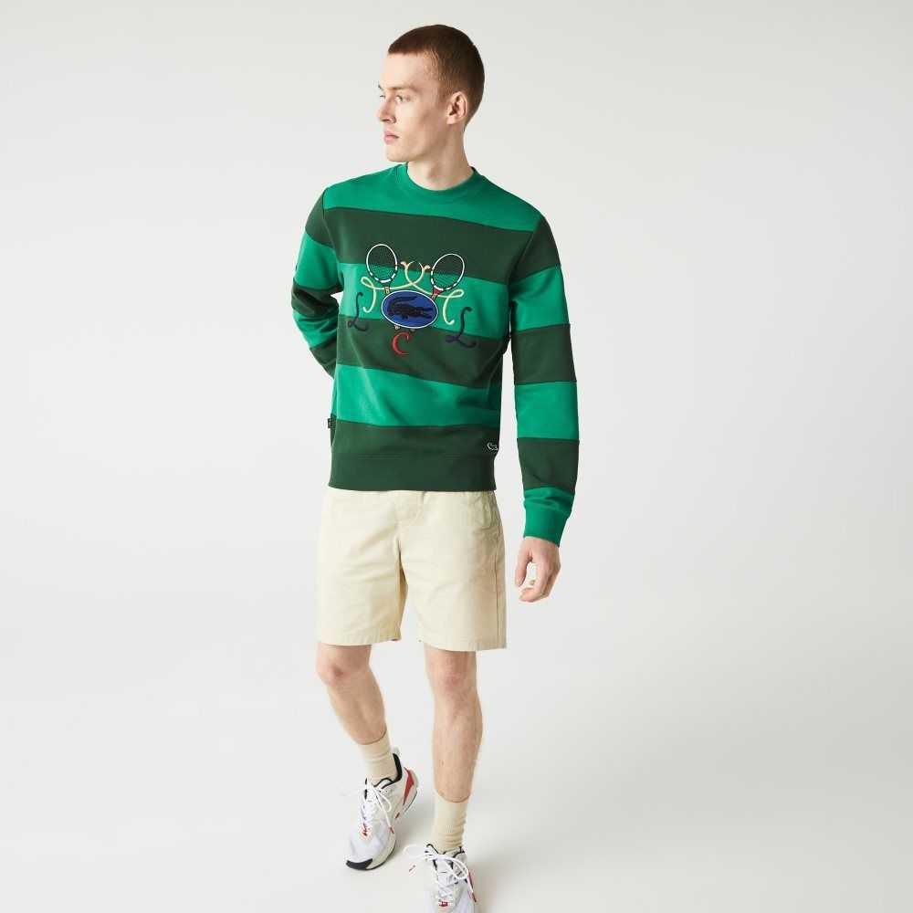 Lacoste Tenis Design Crew Neck A Rayas Algodon Fleece Verde | 6740-NCEJP