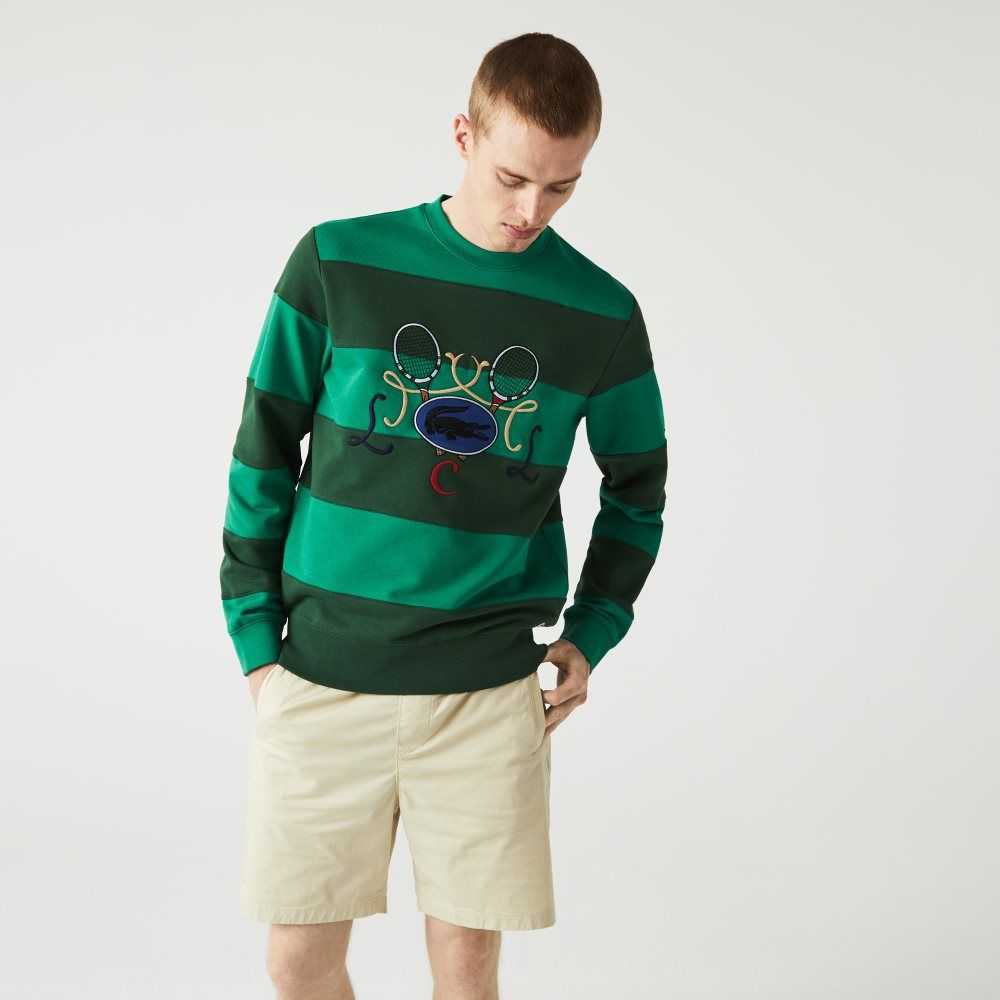 Lacoste Tenis Design Crew Neck A Rayas Algodon Fleece Verde | 6740-NCEJP