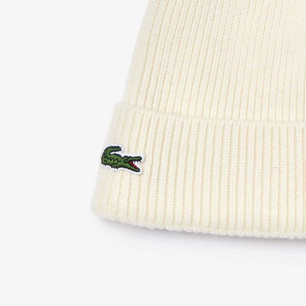 Lacoste Turned Edge Acanalado Lana Beanie Blancas | 8034-AILKS