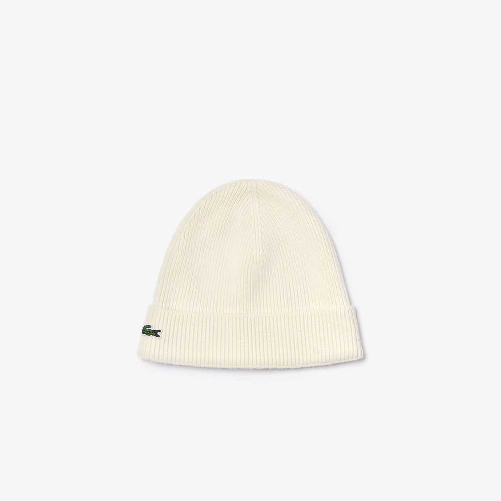 Lacoste Turned Edge Acanalado Lana Beanie Blancas | 8034-AILKS