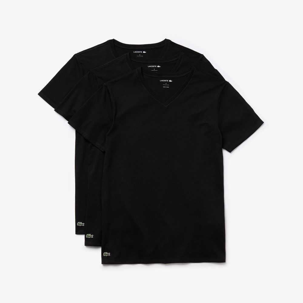 Lacoste V-Neck Algodon Lounge T-Shirt 3-Pack Negras | 9735-YJNUQ