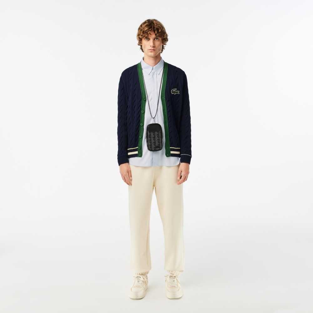 Lacoste V-Neck Cable Knit Organic Algodon Cardigan Azul Marino Azules Blancas | 0967-ZXKBY