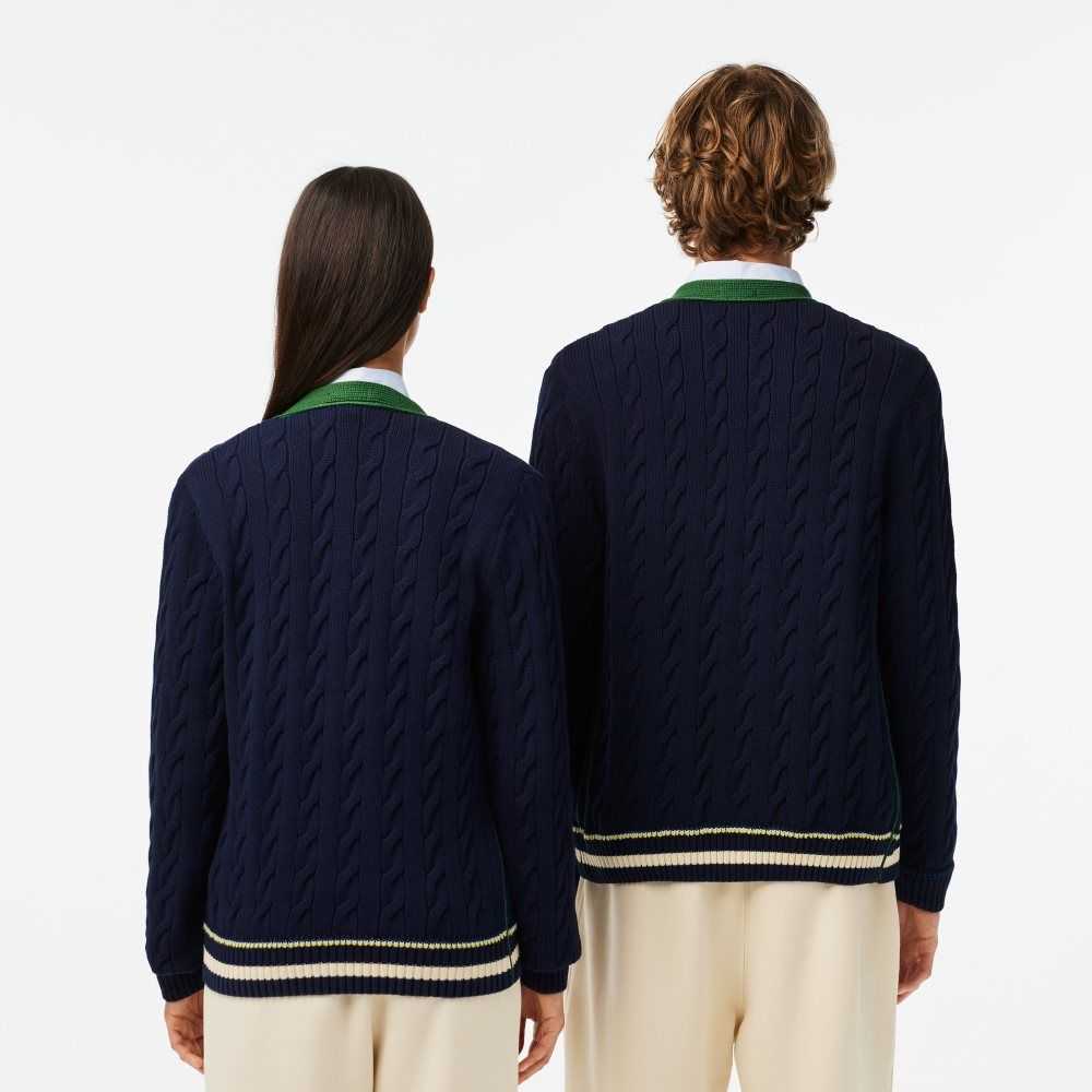 Lacoste V-Neck Cable Knit Organic Algodon Cardigan Azul Marino Azules Blancas | 0967-ZXKBY