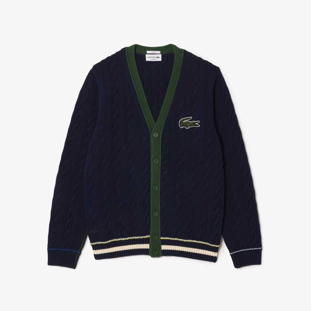 Lacoste V-Neck Cable Knit Organic Algodon Cardigan Azul Marino Azules Blancas | 0967-ZXKBY