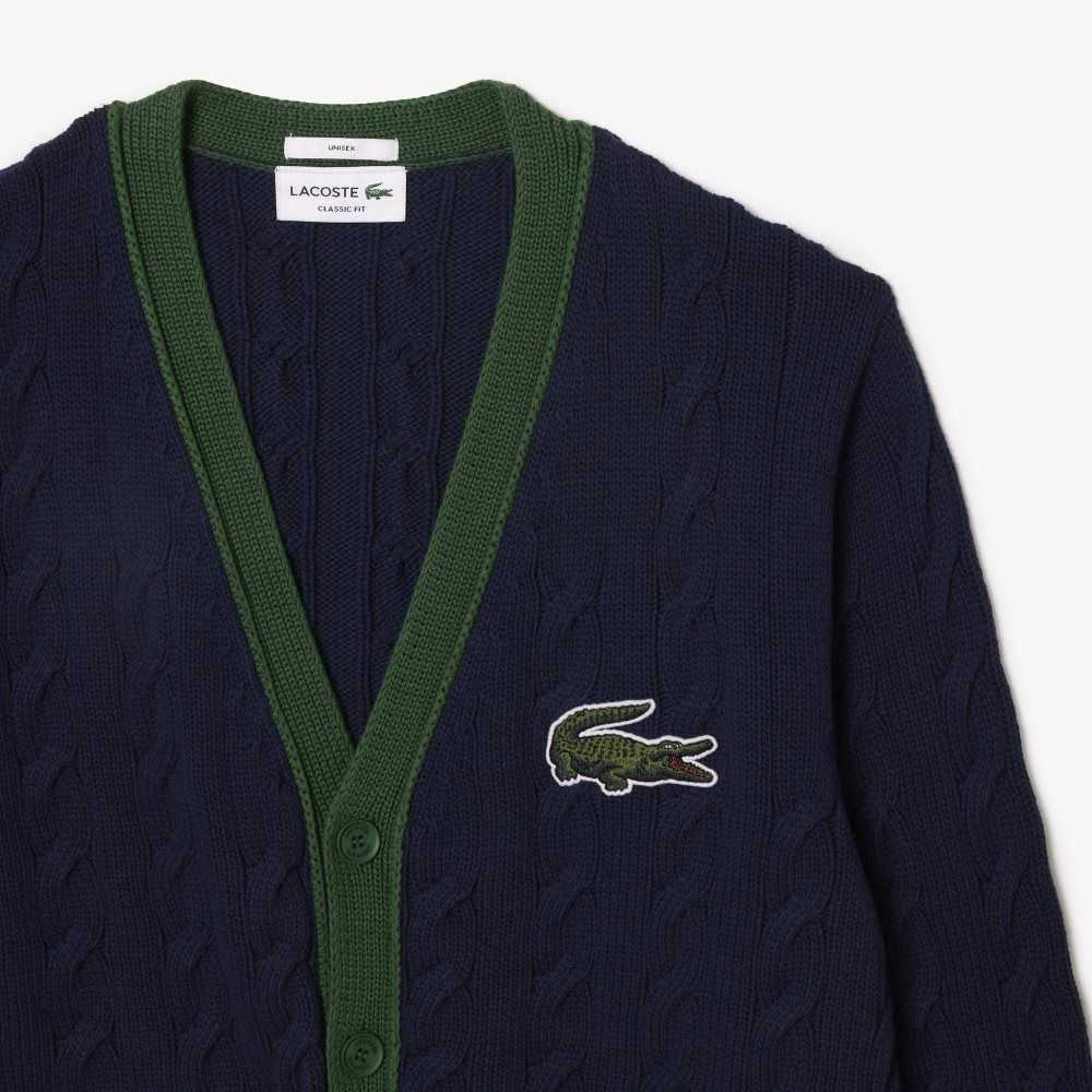 Lacoste V-Neck Cable Knit Organic Algodon Cardigan Azul Marino Azules Blancas | 0967-ZXKBY