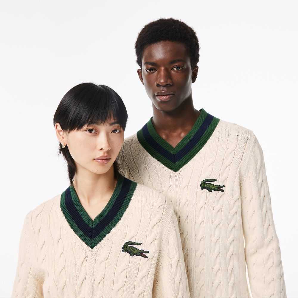 Lacoste V-Neck Cable Knit in Organic Algodon Blancas | 0194-UHORE