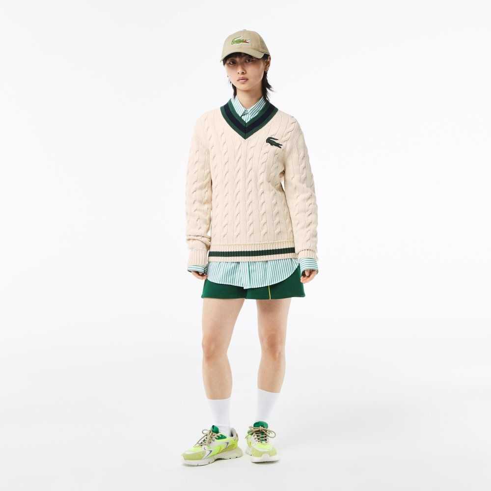 Lacoste V-Neck Cable Knit in Organic Algodon Blancas | 0194-UHORE